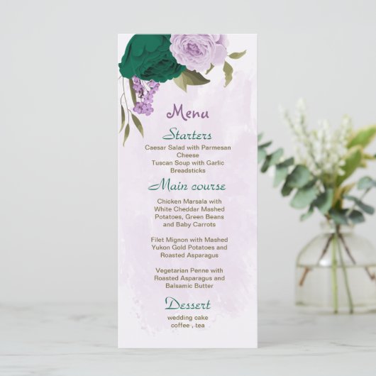 smaragdgrüne violette Blumen botanische Hochzeit Menükarte (Stehend Vorderseite)
