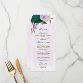 smaragdgrüne violette Blumen botanische Hochzeit Menükarte