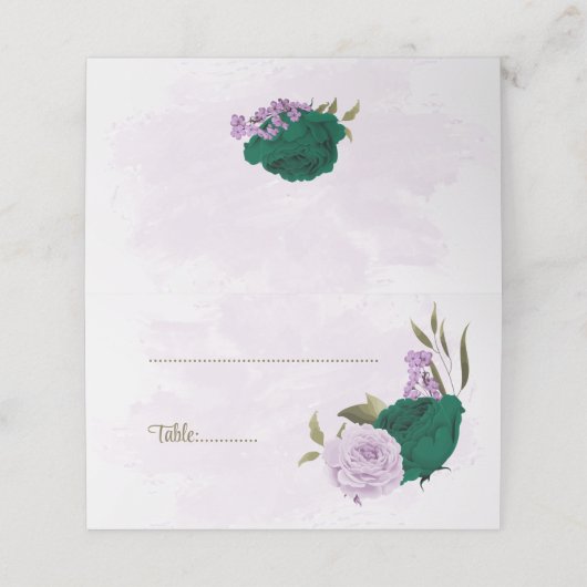 smaragdgrüne violette Blumen botanische Hochzeit Platzkarte (Außenseite Aufgefaltet)