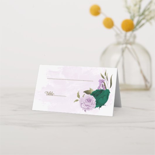 smaragdgrüne violette Blumen botanische Hochzeit Platzkarte (Vorderseite)