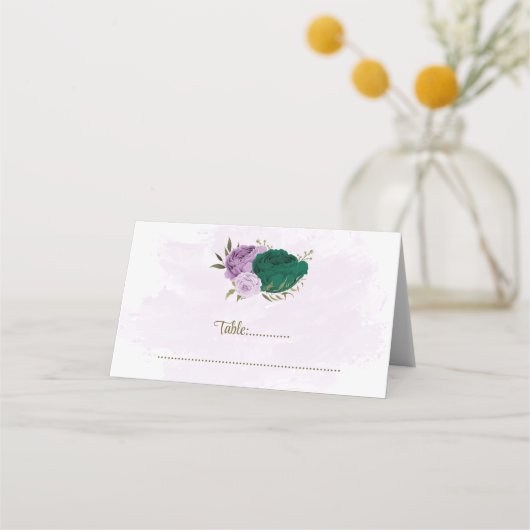 smaragdgrüne violette Blumen botanische Hochzeit Platzkarte (Vorderseite)