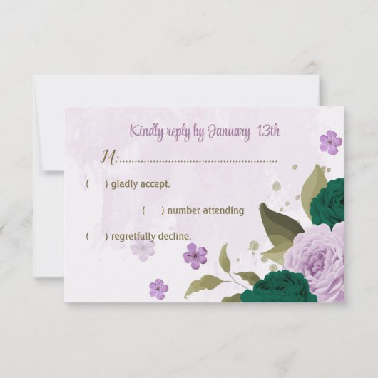 smaragdgrüne violette Blumen botanische Hochzeit RSVP Karte (Vorderseite)