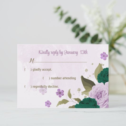 smaragdgrüne violette Blumen botanische Hochzeit RSVP Karte (Stehend Vorderseite)