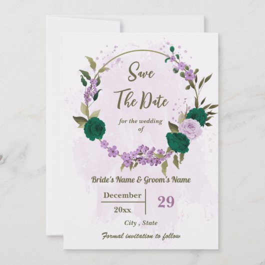 smaragdgrüne violette Blumen botanische Hochzeit Save The Date (Vorderseite)