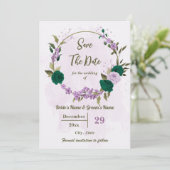 smaragdgrüne violette Blumen botanische Hochzeit Save The Date (Stehend Vorderseite)