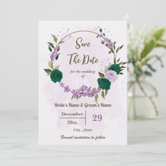 smaragdgrüne violette Blumen botanische Hochzeit Save The Date (Stehend Vorderseite)