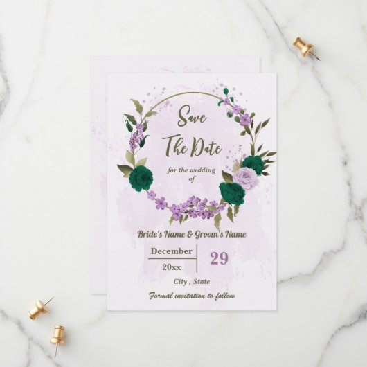 smaragdgrüne violette Blumen botanische Hochzeit Save The Date (Vorderseite/Rückseite Beispiel)