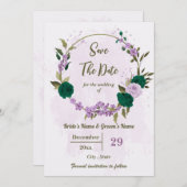 smaragdgrüne violette Blumen botanische Hochzeit Save The Date (Vorne/Hinten)