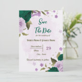 smaragdgrüne violette Blumen botanische Hochzeit Save The Date (Stehend Vorderseite)