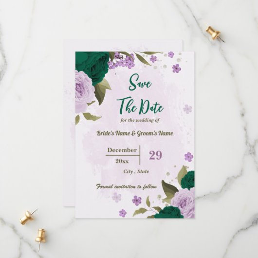 smaragdgrüne violette Blumen botanische Hochzeit Save The Date (Vorderseite/Rückseite Beispiel)