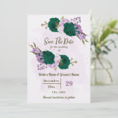 smaragdgrüne violette Blumen botanische Hochzeit Save The Date (Stehend Vorderseite)