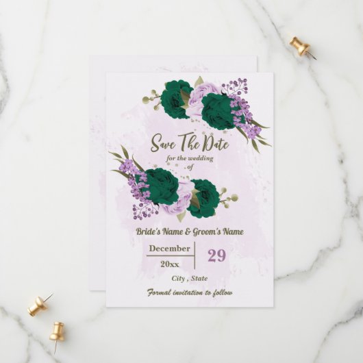 smaragdgrüne violette Blumen botanische Hochzeit Save The Date (Vorderseite/Rückseite Beispiel)