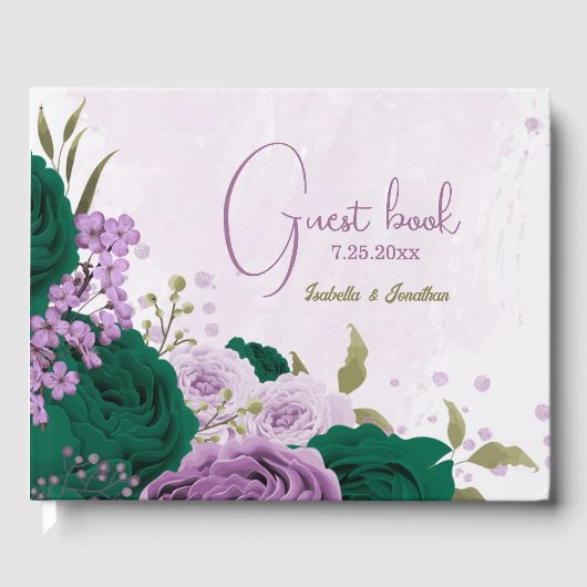Smaragdgrüne, violette Blumen Hochzeit Gästebuch (Vorderseite)