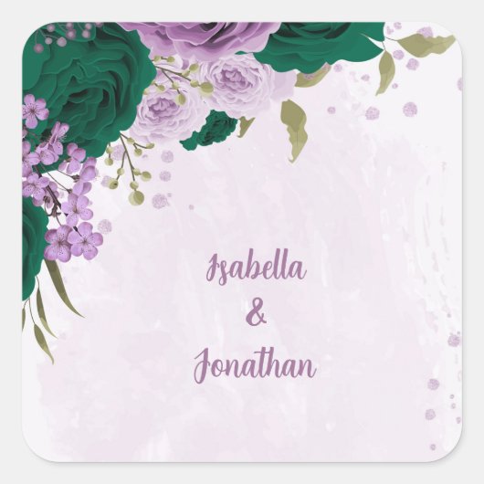 Smaragdgrüne, violette Blumen Hochzeit Quadratischer Aufkleber (Vorderseite)