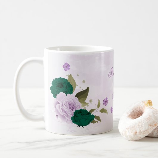 Smaragdgrüne violette Blumen Kaffeetasse (Mit Donut)