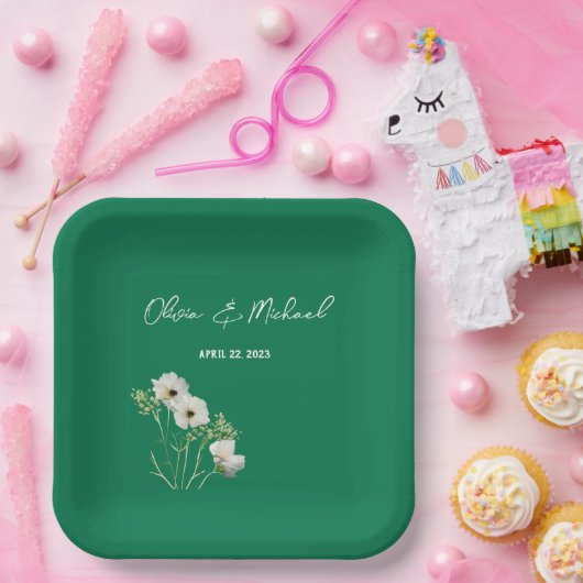 Smaragdgrüne Weiße Blume Hochzeitspapier-Teller Pappteller (Party)