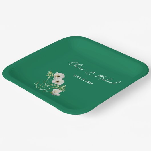 Smaragdgrüne Weiße Blume Hochzeitspapier-Teller Pappteller (Gewinkelt)