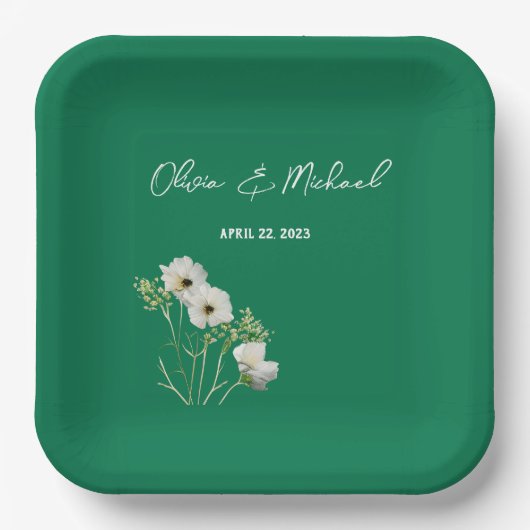 Smaragdgrüne Weiße Blume Hochzeitspapier-Teller Pappteller (Vorderseite)