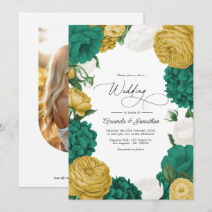 Smaragdgrüne, Weiße und Goldene Florale Hochzeit Einladung