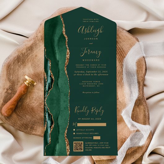 Smaragdgrüner Achat Gold QR Code Hochzeit All In One Einladung