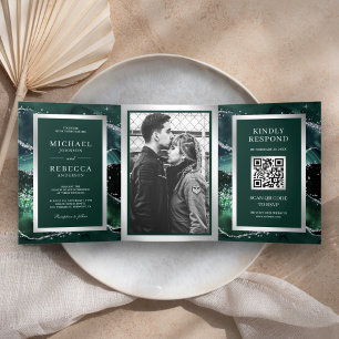 Smaragdgrüner Achat-Marmor-QR-Code-Hochzeit Dreifach Gefaltete Einladung