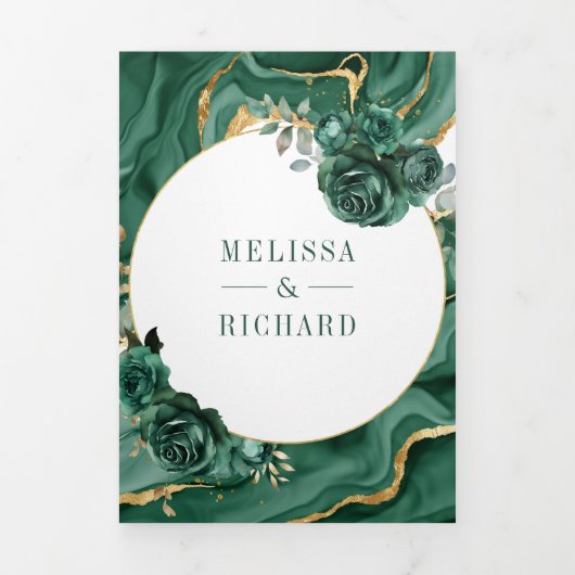 Smaragdgrüner Blumenmarmor auf einer Hochzeit Dreifach Gefaltete Einladung (Cover)