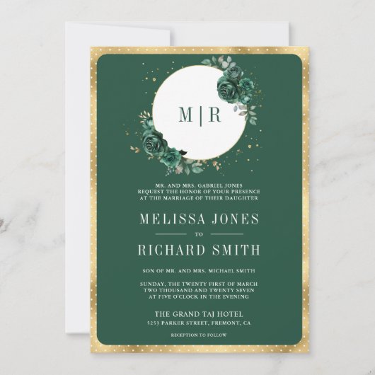 Smaragdgrüner Blumenmarmor auf einer Hochzeit Einladung (Vorderseite)