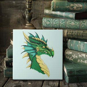 Smaragdgrüner Drachenporträtkopf Fantasy Fliese