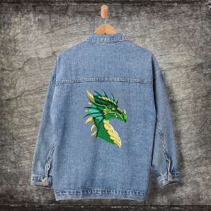 Smaragdgrüner Drachenporträtkopf Fantasy Jeansjacke