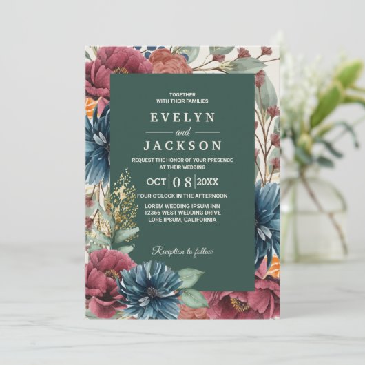 Smaragdgrüner Fall Moderne Rustikale Hochzeit Einladung (Stehend Vorderseite)