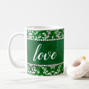 Smaragdgrüner Glimmer Damast Silber Liebestasse Kaffeetasse
