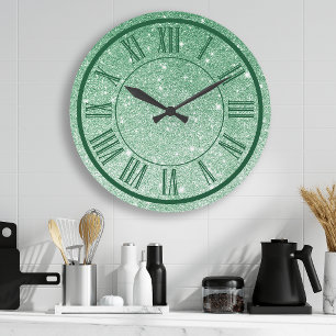 Smaragdgrüner Glitter-Römische-Ziffern-Schimmer-Fe Große Wanduhr