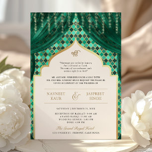 Smaragdgrüner Gold-Vierblatt-QR-Code Sikh-Hochzeit Einladung
