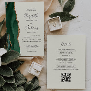 Smaragdgrüner Goldachat Elfenbein QR-Code Hochzeit Einladung