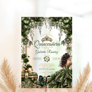 Smaragdgrüner goldener Tiara-Blumen-Quinceañera Acryleinladungen