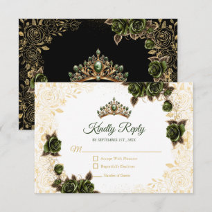 Smaragdgrüner goldener Tiara-Blumen-Rosen-Quinceañ RSVP Karte