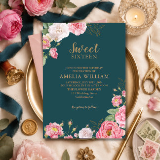 Smaragdgrüner rosa floraler Sweet 16 Geburtstag Einladung