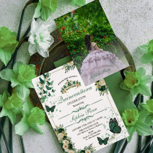 Smaragdgrüner Schmetterling Quinceañera Foto-Einla Einladung