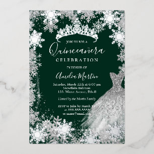 Smaragdgrüner Schneeblumen-Winter-Quinceanera Folieneinladung