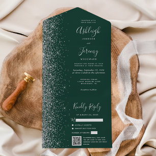 Smaragdgrüner Silber-Glitter-QR-Code Hochzeit All In One Einladung