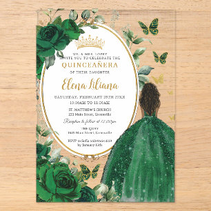 Smaragdgrünes Blumenbraun Prinzessin Quinceañera Acryleinladungen