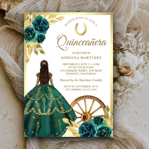 Smaragdgrünes Charro-Blumendress Gold Quinceanera Einladung
