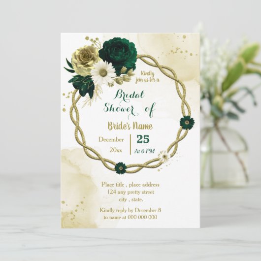 Smaragdgrünes Elfenbeingoldkranz-Brautparty Einladung (Stehend Vorderseite)