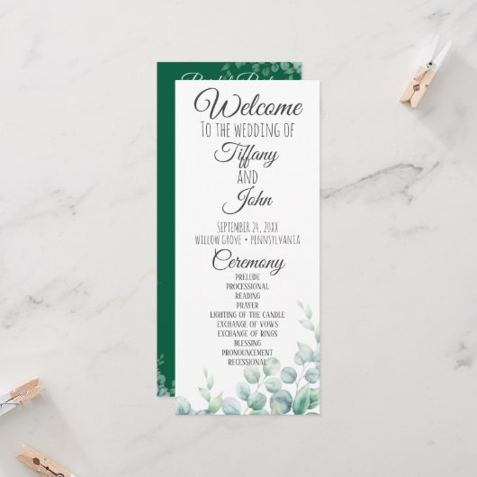 Smaragdgrünes Eukalyptus-Hochzeitsprogramm Einladung (Vorderseite/Rückseite Beispiel)