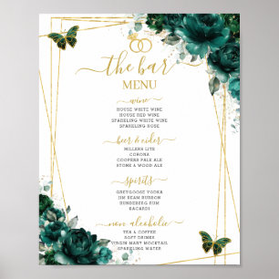 Smaragdgrünes Florales Hochzeitsbar-Cocktail-Menü Poster
