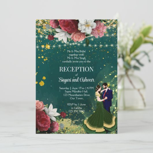 Smaragdgrünes Glitzer tanzend Paar Empfang Einladung (Stehend Vorderseite)