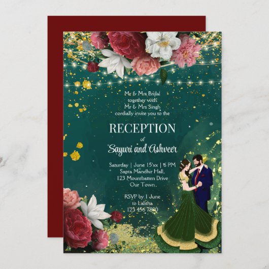 Smaragdgrünes Glitzer tanzend Paar Empfang Einladung (Vorne/Hinten)