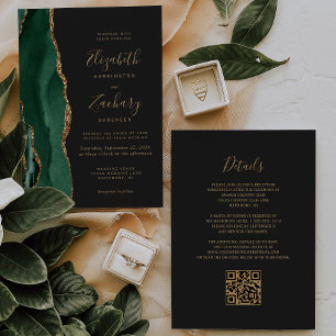 Smaragdgrünes Gold-Achat-Schiefer-QR-Code-Hochzeit Einladung
