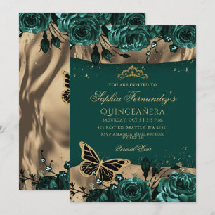 Smaragdgrünes Gold-Blumen-Schmetterling Quinceañer Einladung
