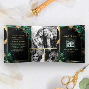 Smaragdgrünes Gold Blumenmarmor QR-Code Hochzeit Dreifach Gefaltete Einladung